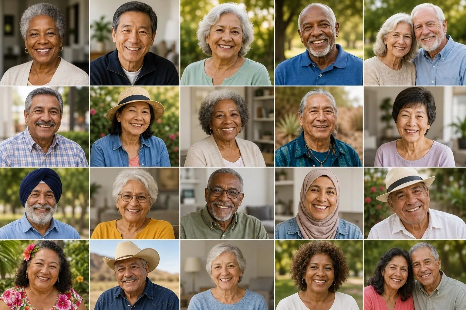 Portrait grid of diverse older adults from many backgrounds.