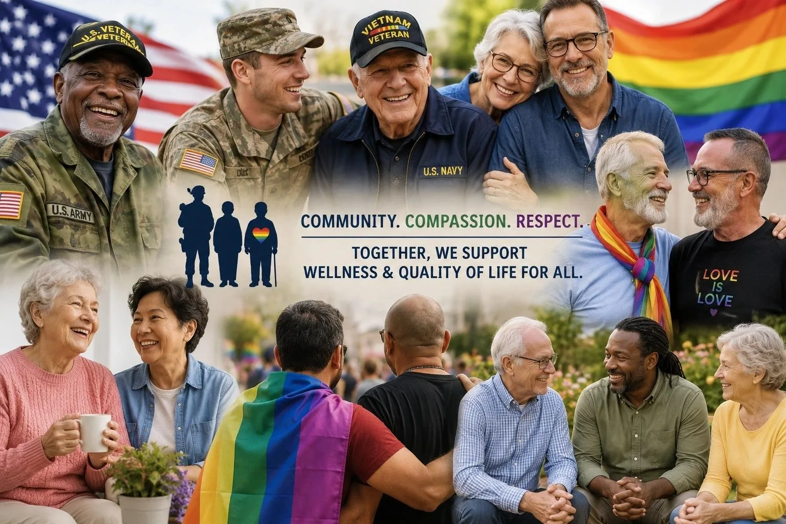 Collage of seniors, veterans, caregivers, and community members representing the people QOLCS serves.