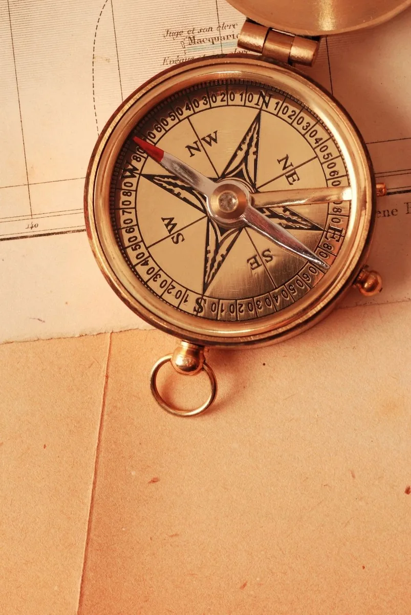 Antique compass resting on a map.